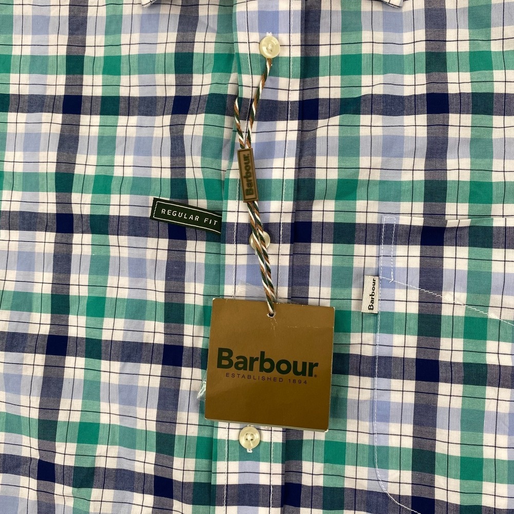 Barbour Mens Button shirt Large regular Fit Plaid Cotton Green blue NEW NWT - Picture 3 of 16